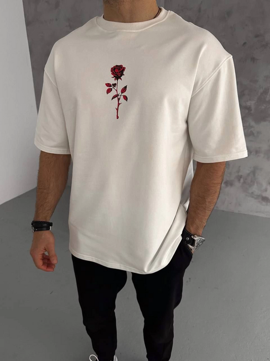 ASSEMA ERKEK Bisiklet Yaka Baskılı Oversize Kısa kol  T-Shirt - Beyaz