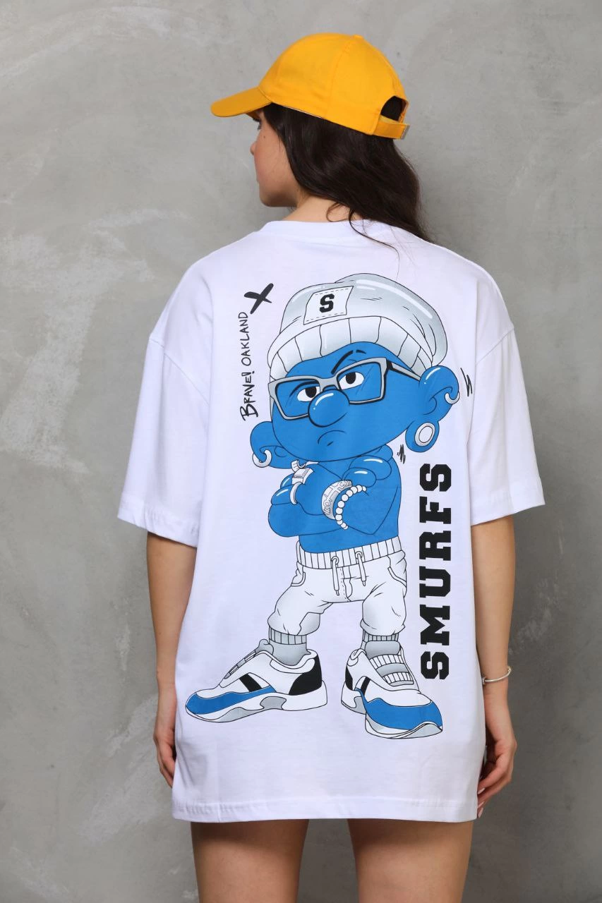 ASSEMA kadın Bisiklet Yaka Baskılı Oversize T-Shirt - Beyaz
