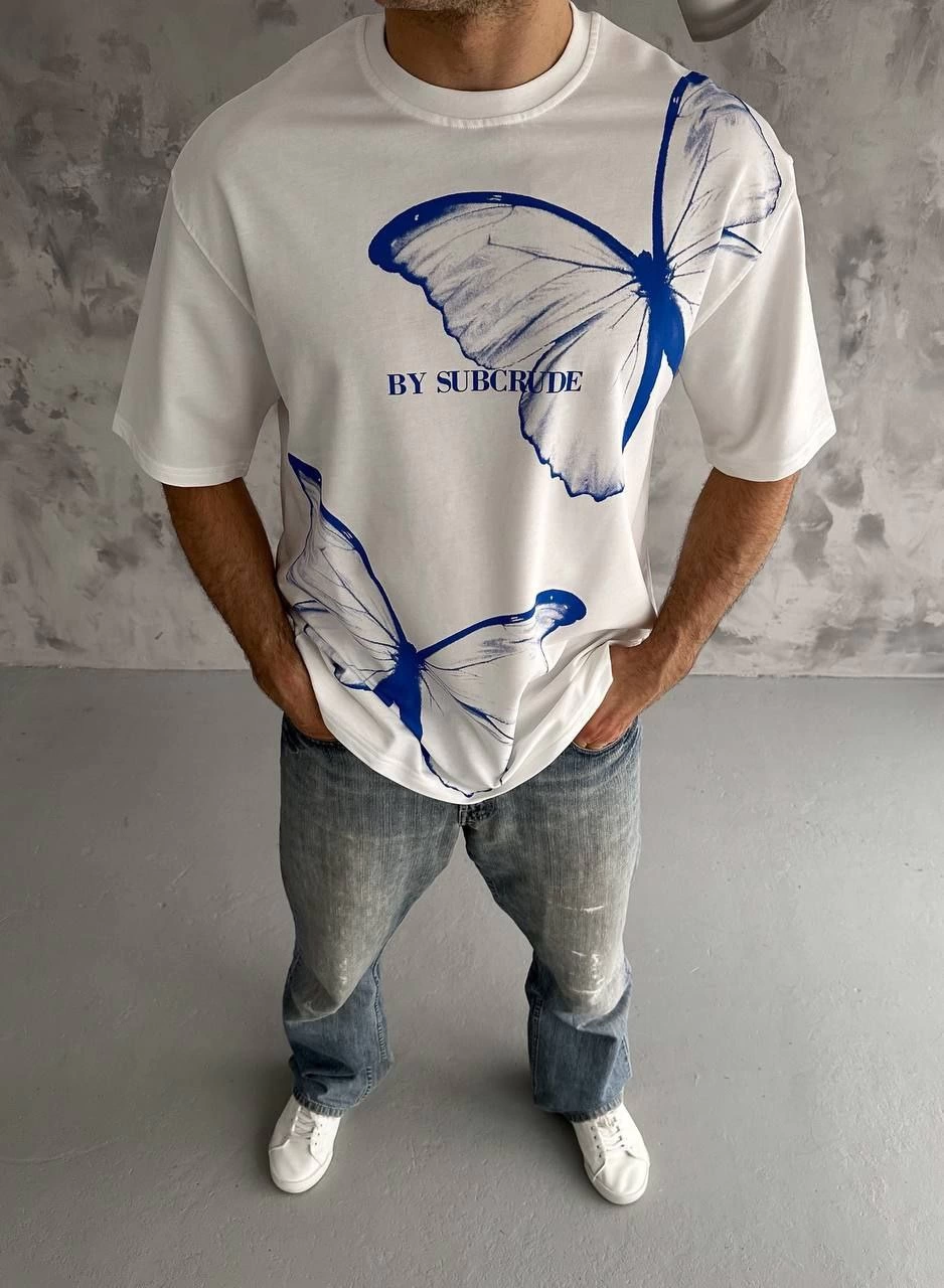 ASSEMA Erkek  Bisiklet Yaka Baskılı Oversize T-Shirt - Beyaz