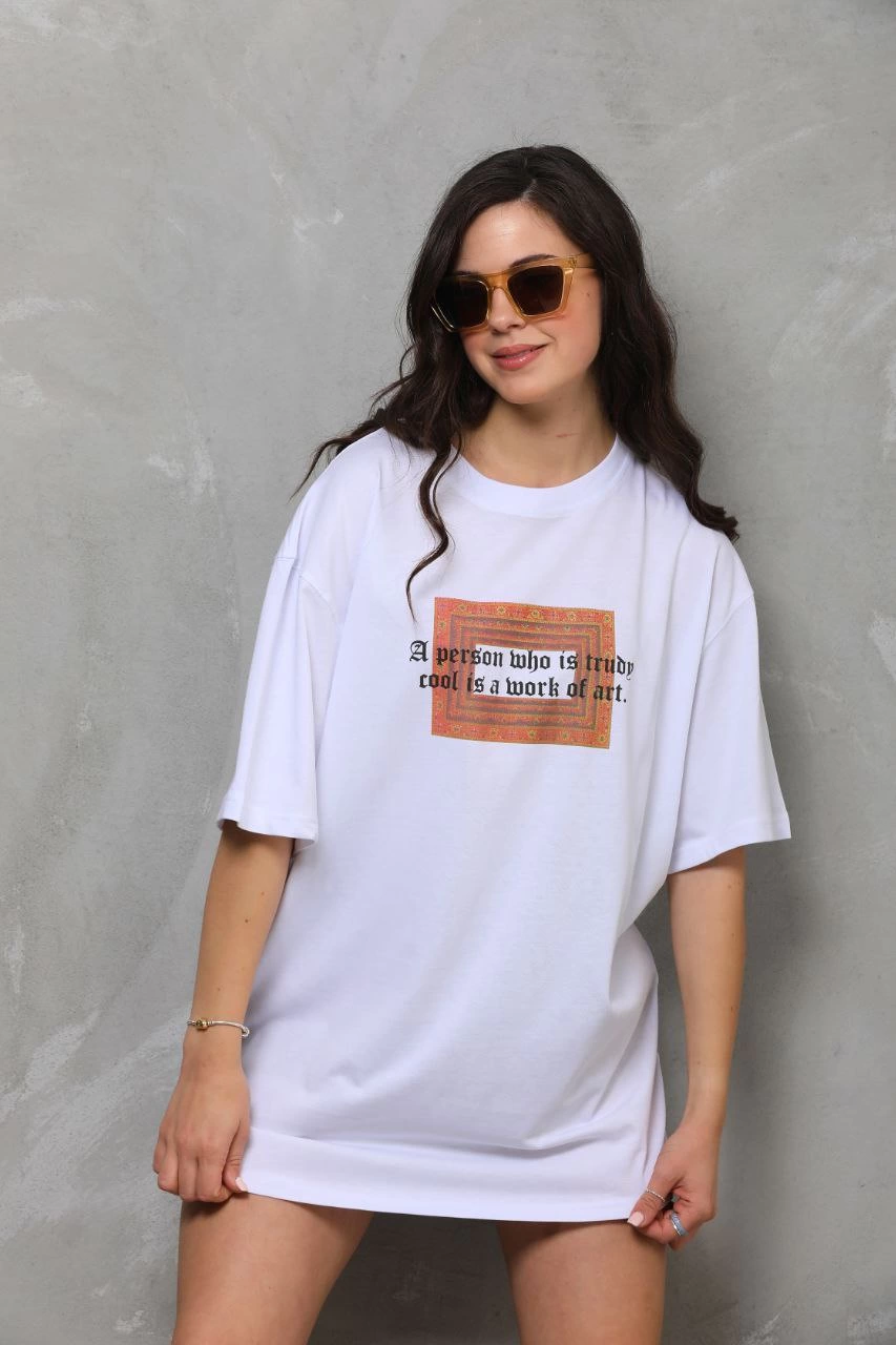 ASSEMA Kadın Baskılı T-Shirt Kısa Kol Bisiklet Yaka Ovarsize Rahat Kalıp Tişört -  Beyaz