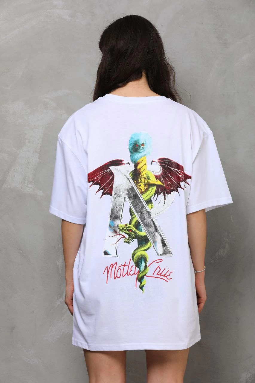 ASSEMA Unisex Bisiklet Yaka Baskılı Oversize T-Shirt - Beyaz