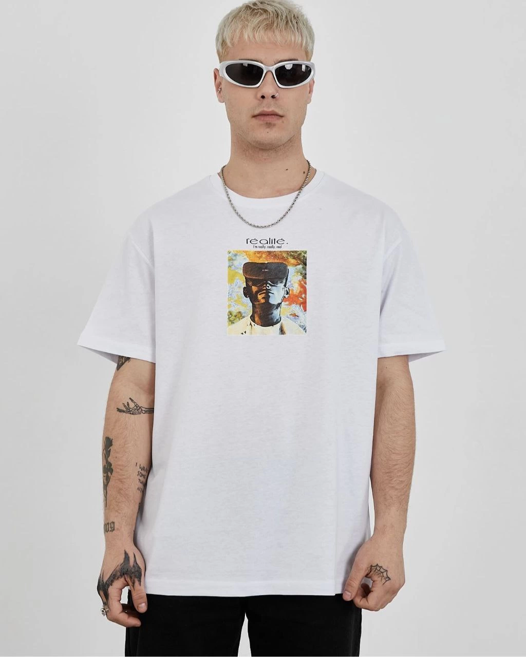 ASSEMA Erkek Bisiklet Yaka Baskılı Oversize Kısa kol T-Shirt - Beyaz