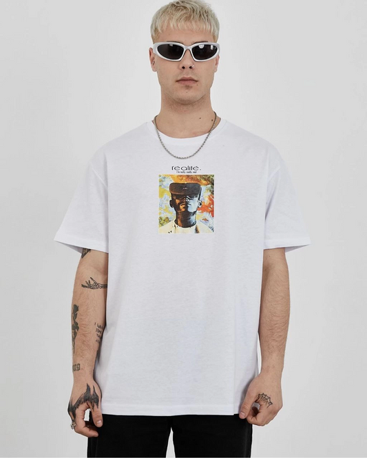 ASSEMA Erkek Bisiklet Yaka Baskılı Oversize Kısa kol T-Shirt - Beyaz
