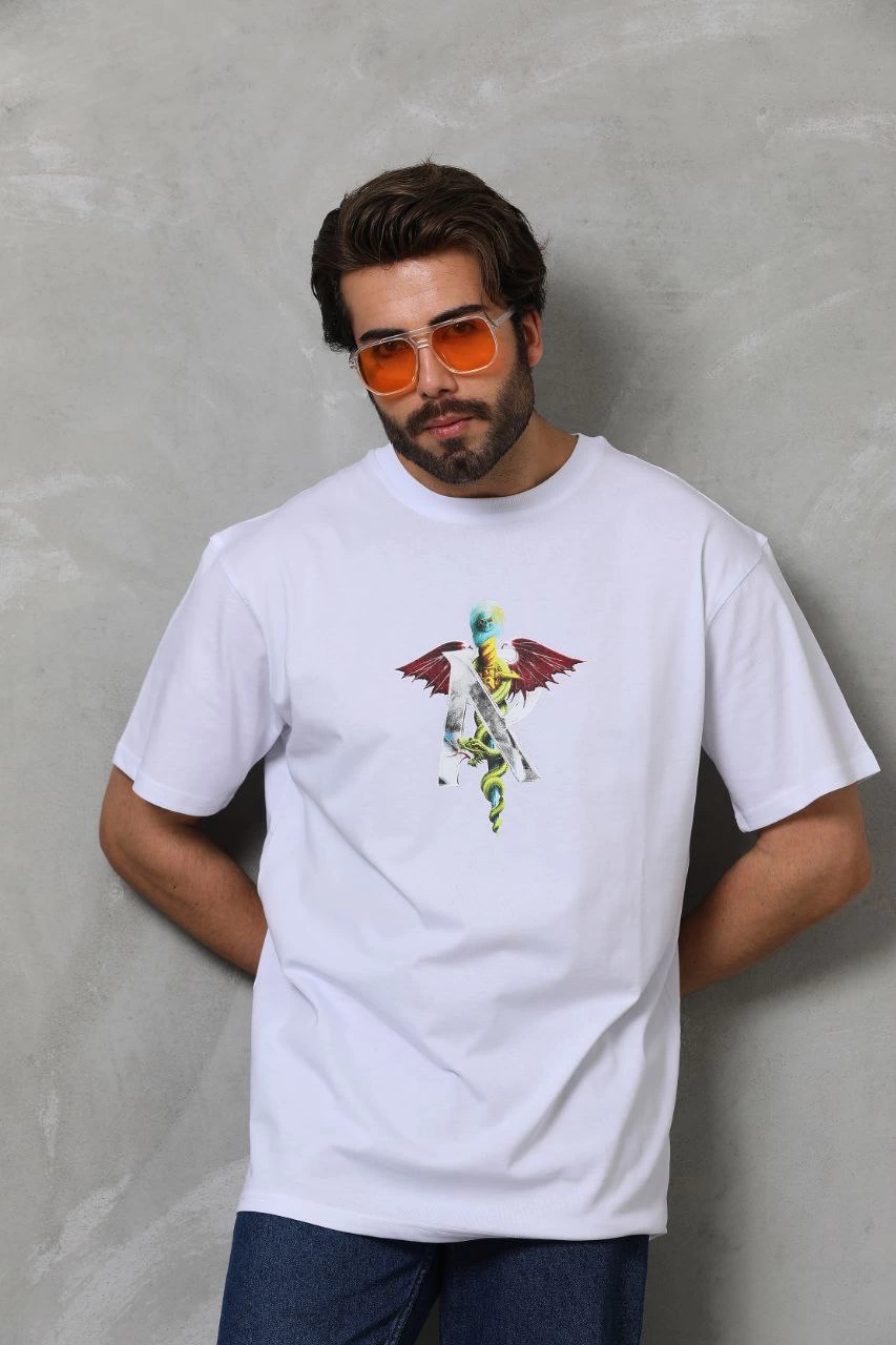 ASSEMA Erkek Baskılı T-Shirt Kısa Kol Bisiklet Yaka Regular Fit Rahat Kalıp Tişört -  Beyaz