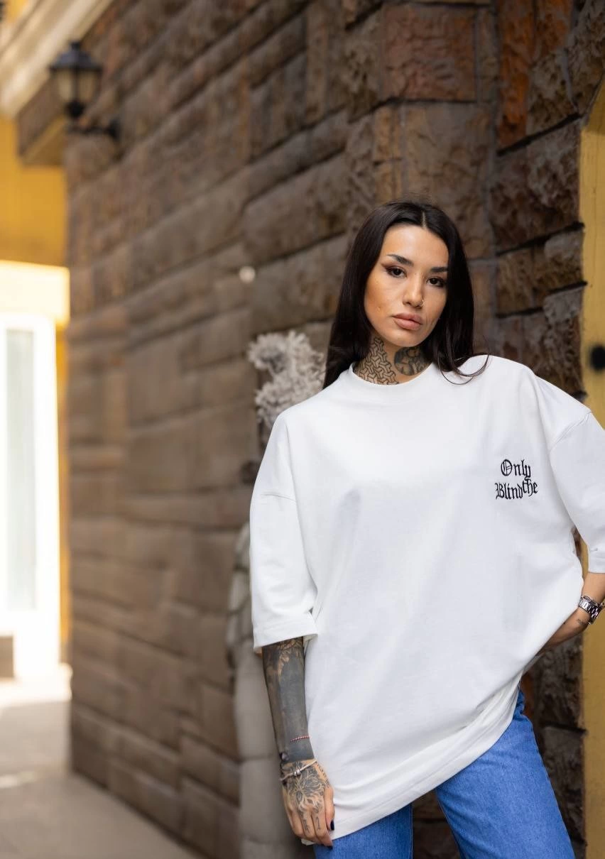 ASSEMA kadın Bisiklet Yaka Baskılı  Kısa kol Oversize T-Shirt - Beyaz