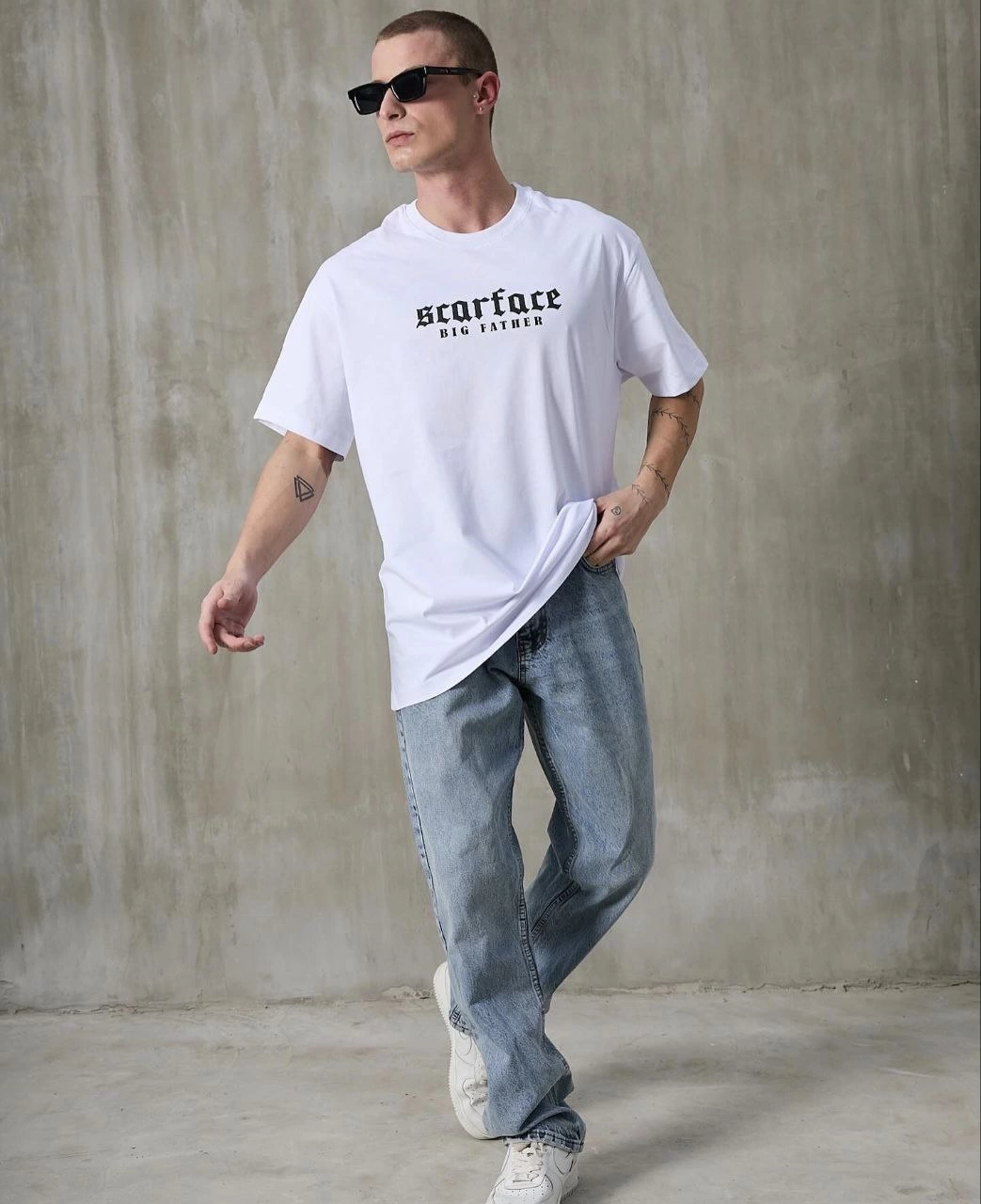 ASSEMA ERKEK Bisiklet Yaka Baskılı Oversize T-Shirt - Beyaz