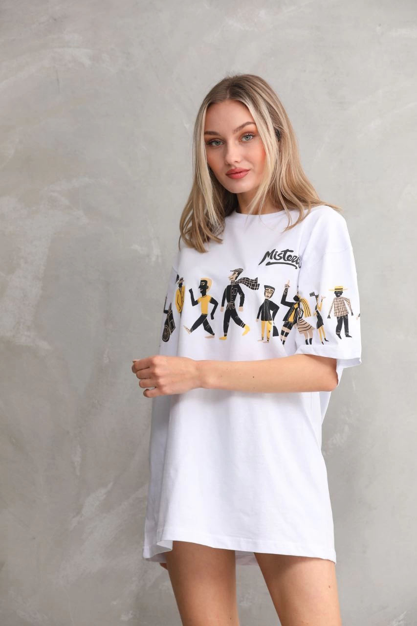 ASSEMA kadın  Bisiklet Yaka Baskılı Oversize T-Shirt - Beyaz