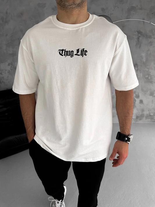 ASSEMA Erkek Bisiklet Yaka Baskılı Oversize Kısa kol  T-Shirt - Beyaz