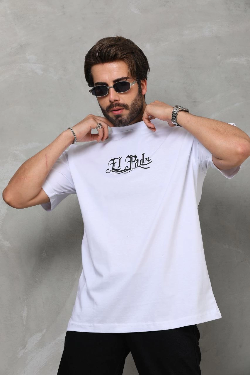 ASSEMA Erkek Bisiklet Yaka Baskılı Oversize T-Shirt - Beyaz
