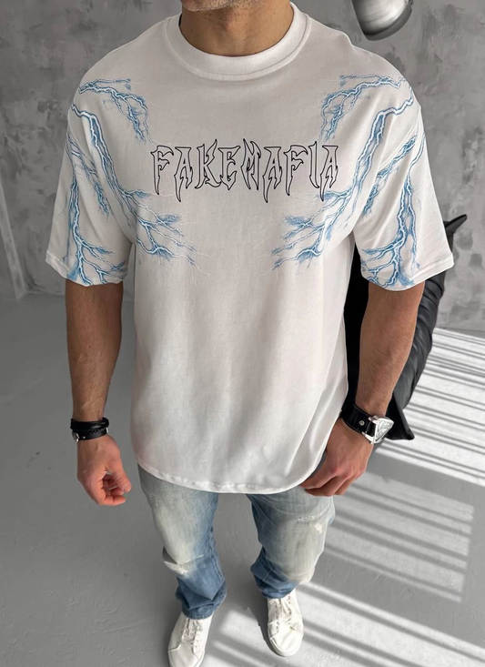 ASSEMA Erkek Bisiklet Yaka Yıldırım Baskılı  Kısa kol T-Shirt - Beyaz