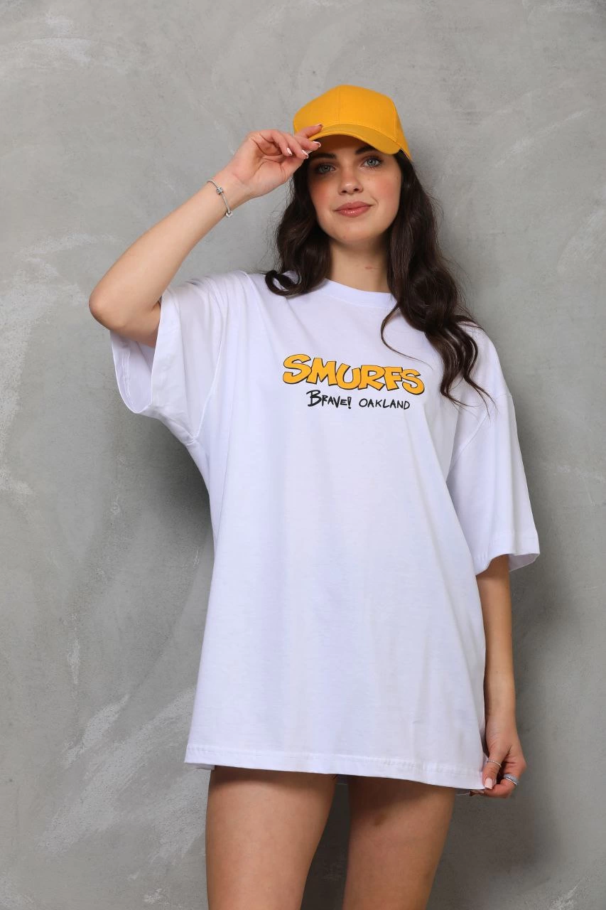ASSEMA kadın Bisiklet Yaka Baskılı Oversize T-Shirt - Beyaz