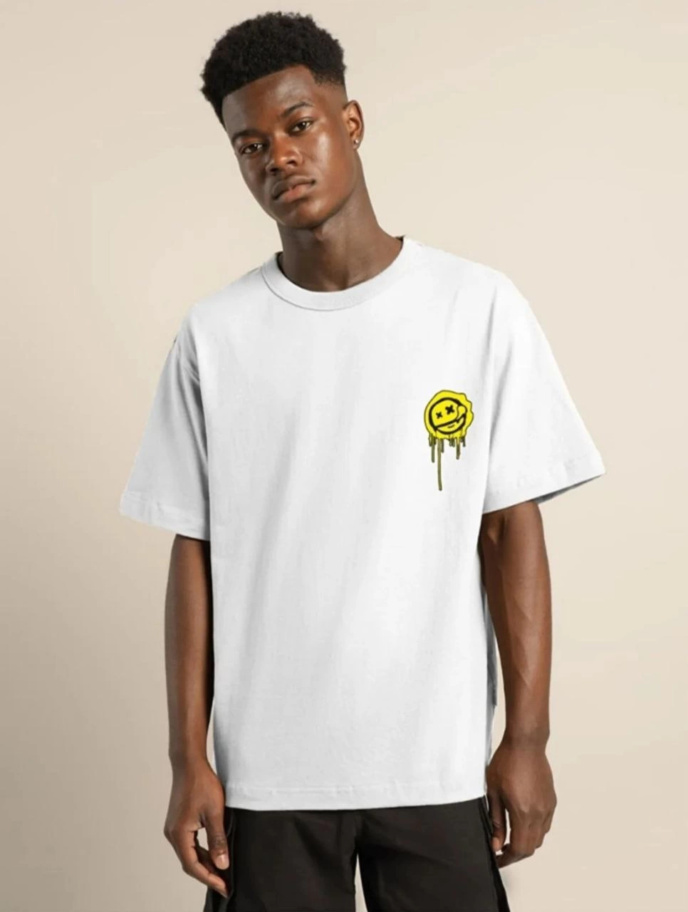ASSEMA ERKEK Bisiklet Yaka Baskılı Oversize Kısa kol  T-Shirt - Beyaz
