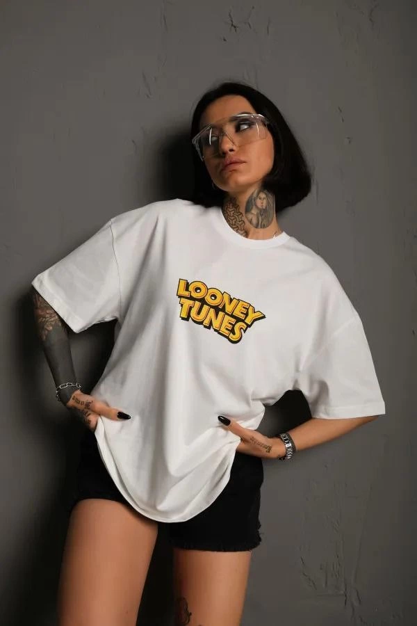 ASSEMA kadın Bisiklet Yaka Baskılı Oversize Kısa kol  T-Shirt - Beyaz