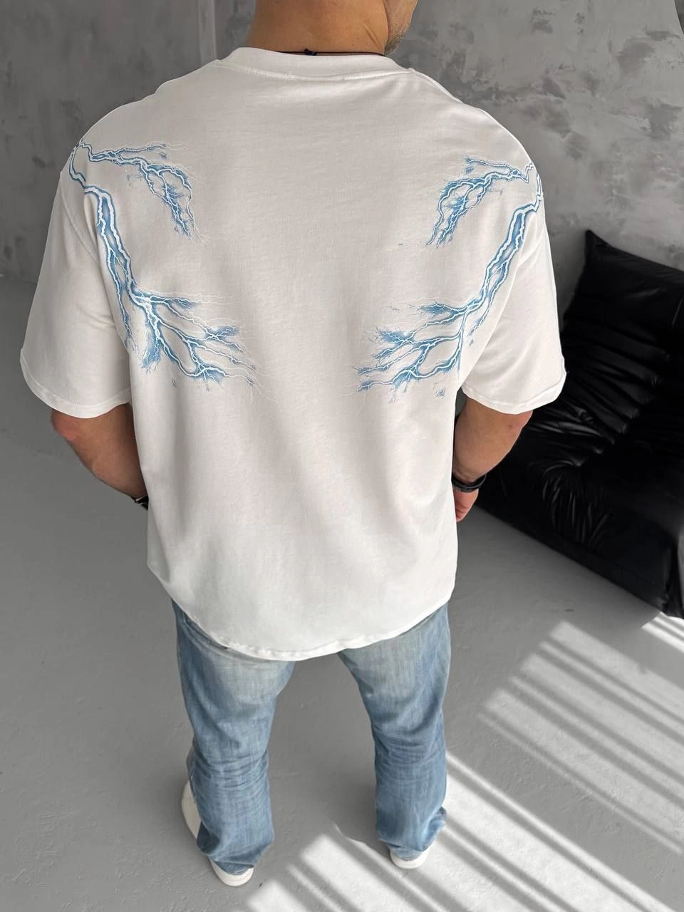 ASSEMA Erkek Yıldırım Şimşek Baskılı T-Shirt Kısa Kol Bisiklet Yaka Tişört - Beyaz