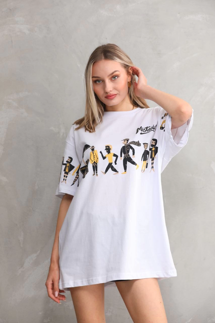 ASSEMA kadın  Bisiklet Yaka Baskılı Oversize T-Shirt - Beyaz