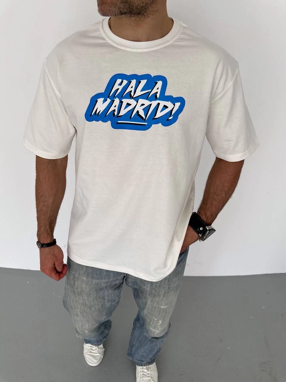 ASSEMA Erkek  Bisiklet Yaka Baskılı Oversize T-Shirt - Beyaz