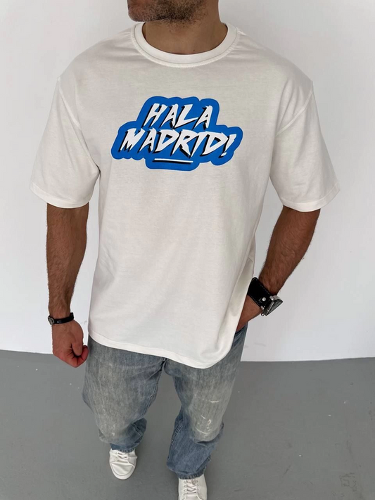 ASSEMA Erkek  Bisiklet Yaka Baskılı Oversize T-Shirt - Beyaz