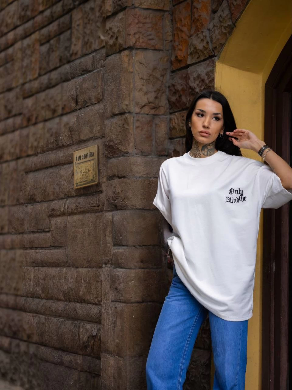 ASSEMA kadın Bisiklet Yaka Baskılı  Kısa kol Oversize T-Shirt - Beyaz