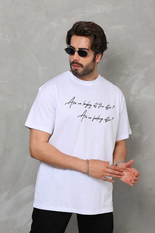 ASSEMA Erkek  Bisiklet Yaka Baskılı Oversize T-Shirt - Beyaz