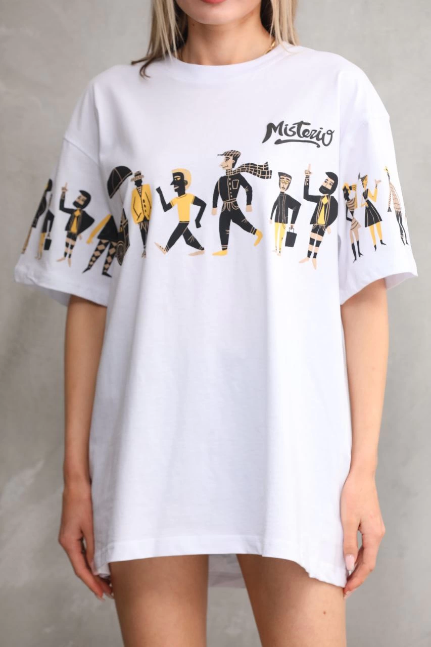 ASSEMA kadın  Bisiklet Yaka Baskılı Oversize T-Shirt - Beyaz
