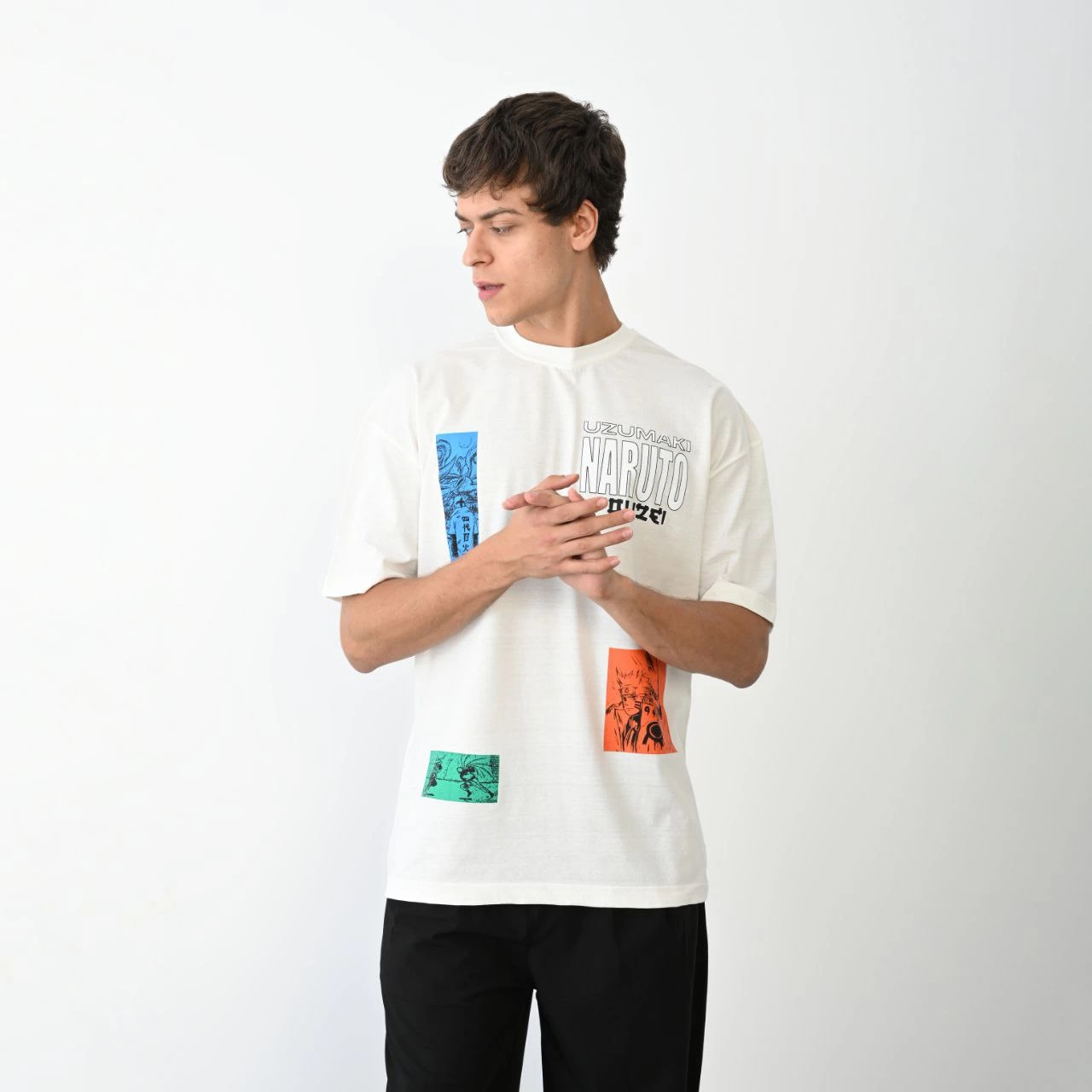 ASSEMA Erkek Bisiklet Yaka Baskılı Oversize  Kısa kol T-Shirt - Beyaz