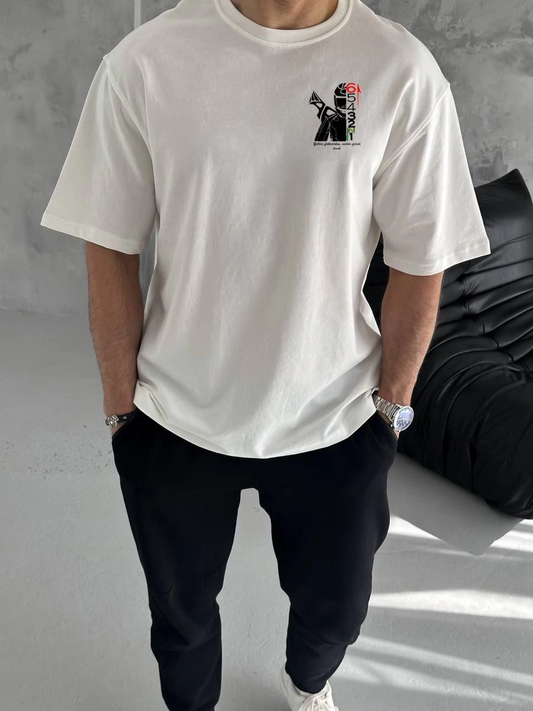 ASSEMA Erkek  Bisiklet Yaka Baskılı Oversize T-Shirt - Beyaz