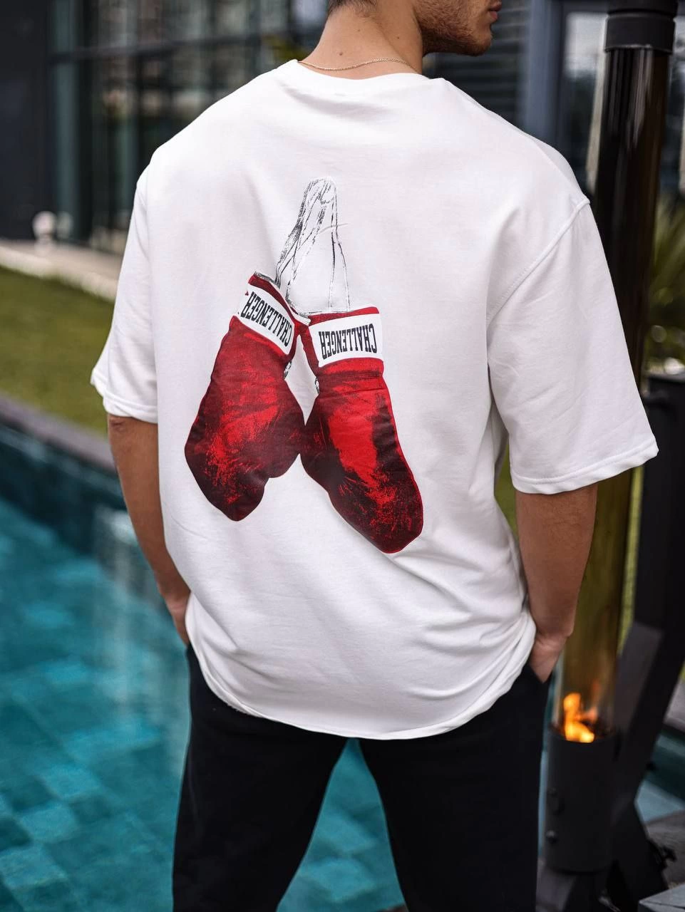 ASSEMA Erkek Bisiklet Yaka Baskılı Oversize T-Shirt - Beyaz