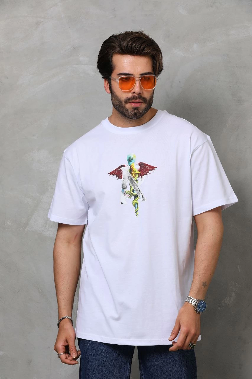 ASSEMA Erkek Baskılı T-Shirt Kısa Kol Bisiklet Yaka Regular Fit Rahat Kalıp Tişört -  Beyaz