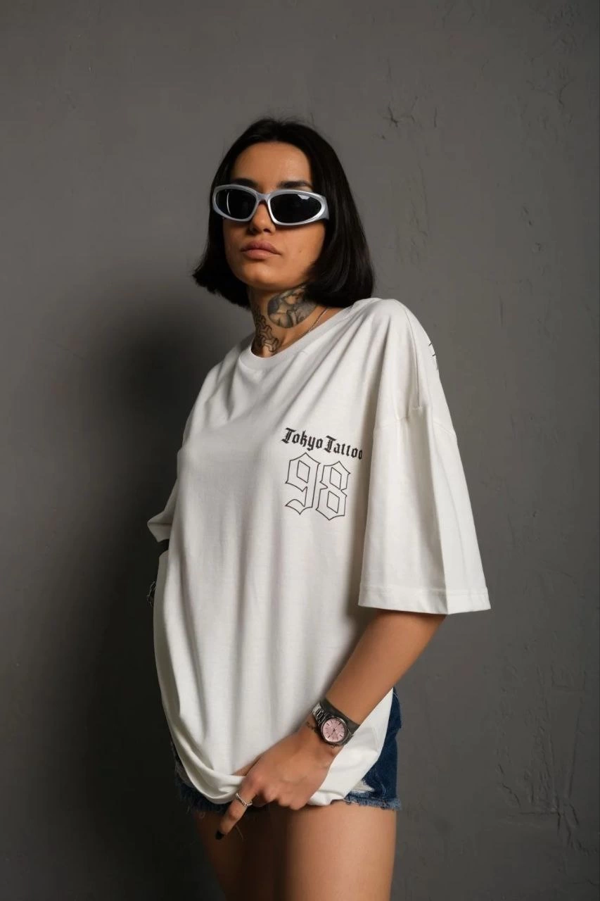 ASSEMA kadın Bisiklet Yaka Baskılı Oversize Kısa kol  T-Shirt - Beyaz