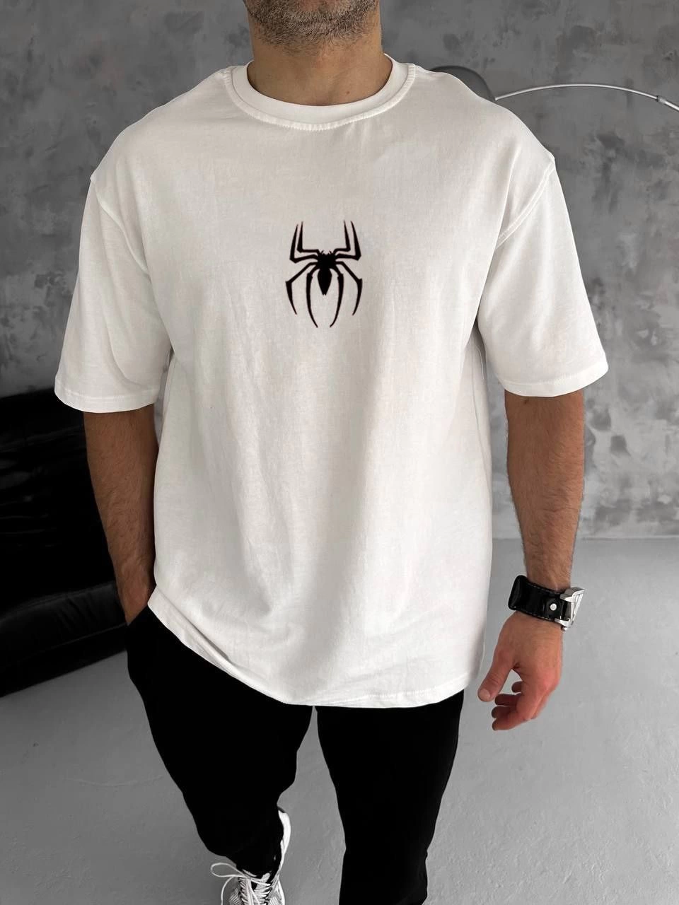 ASSEMA ERKEK Bisiklet Yaka Örümcek Baskılı Oversize T-Shirt - Beyaz