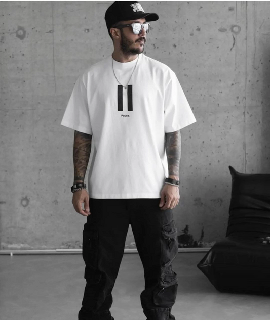 ASSEMA ERKEK Bisiklet Yaka Baskılı Oversize T-Shirt - Beyaz