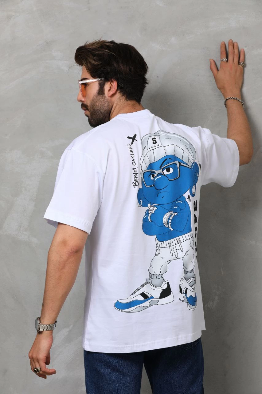 ASSEMA Erkek  Bisiklet Yaka Baskılı Oversize T-Shirt - Beyaz