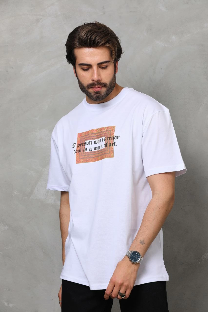 ASSEMA Erkek Baskılı T-Shirt Kısa Kol Bisiklet Yaka Regular Fit Rahat Kalıp Tişört -  Beyaz