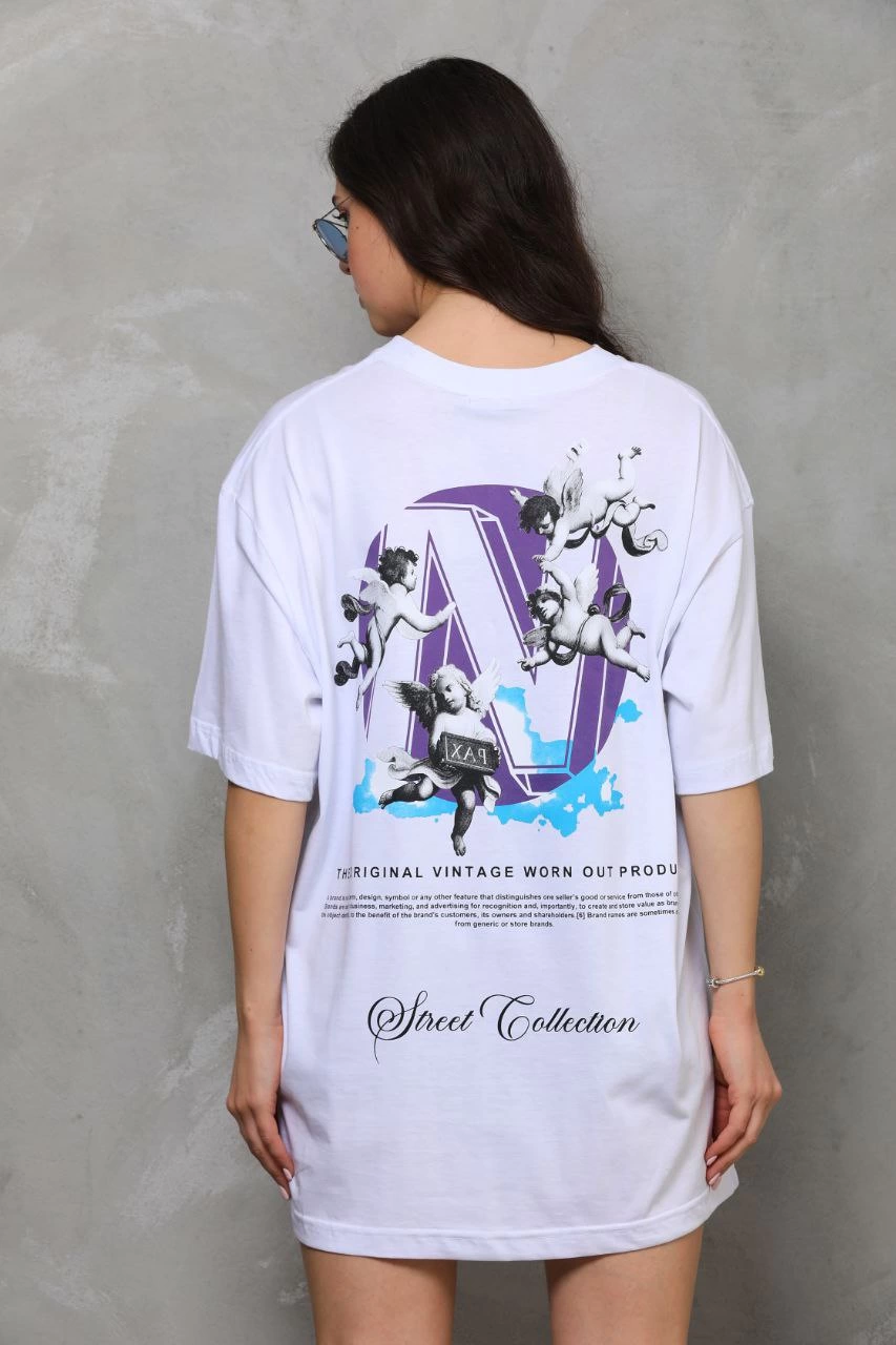 ASSEMA Kadın Baskılı T-Shirt Kısa Kol Bisiklet Yaka  Ovarsize Rahat Kalıp Günlük Tişört  - Beyaz