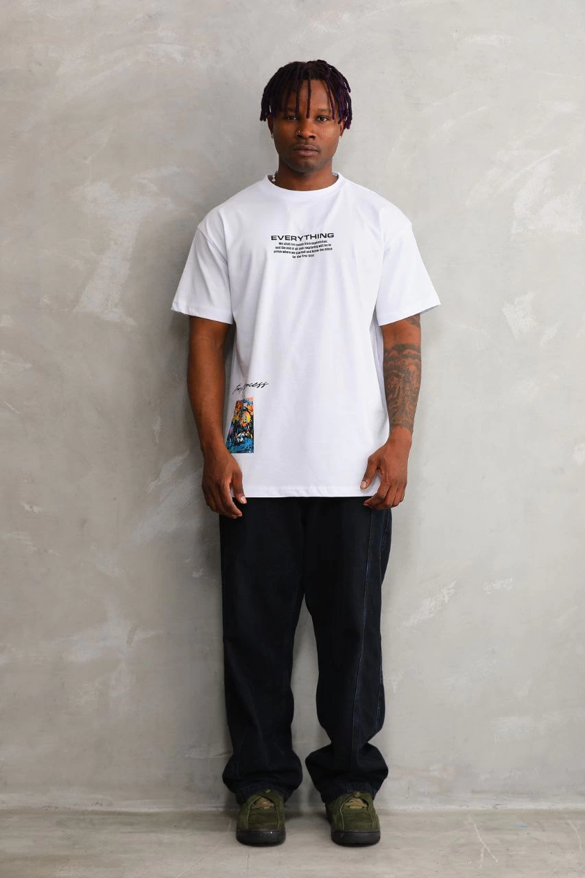 ASSEMA Erkek Bisiklet Yaka Baskılı Oversize T-Shirt - Beyaz