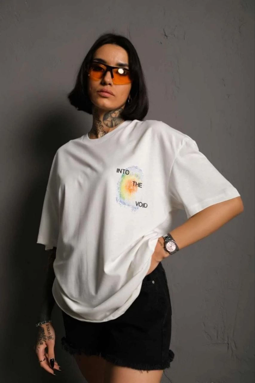 ASSEMA kadın Bisiklet Yaka Baskılı Oversize Kısa kol  T-Shirt - Beyaz