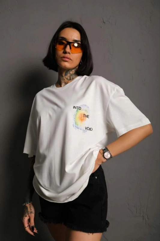 ASSEMA kadın Bisiklet Yaka Baskılı Oversize Kısa kol  T-Shirt - Beyaz