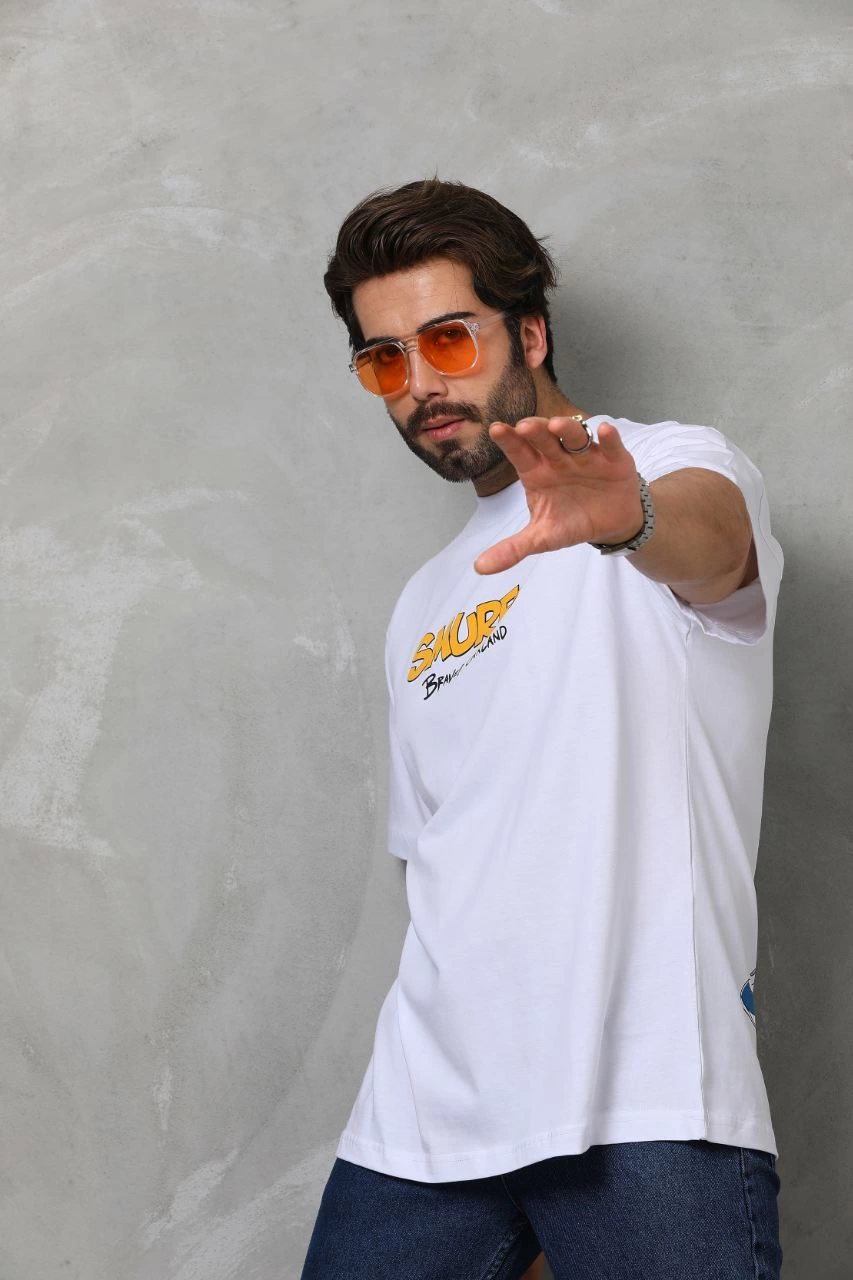 ASSEMA Erkek  Bisiklet Yaka Baskılı Oversize T-Shirt - Beyaz