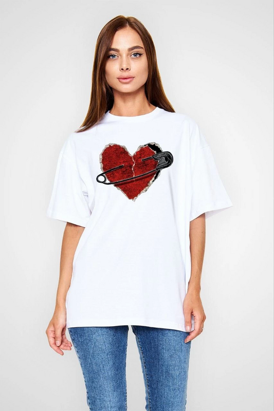 ASSEMA kadın Bisiklet Yaka Baskılı Oversize T-Shirt - Beyaz