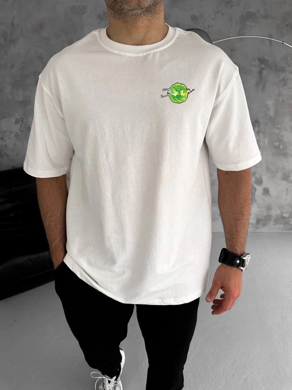 ASSEMA Erkek Bisiklet Yaka Baskılı Oversize T-Shirt - Beyaz