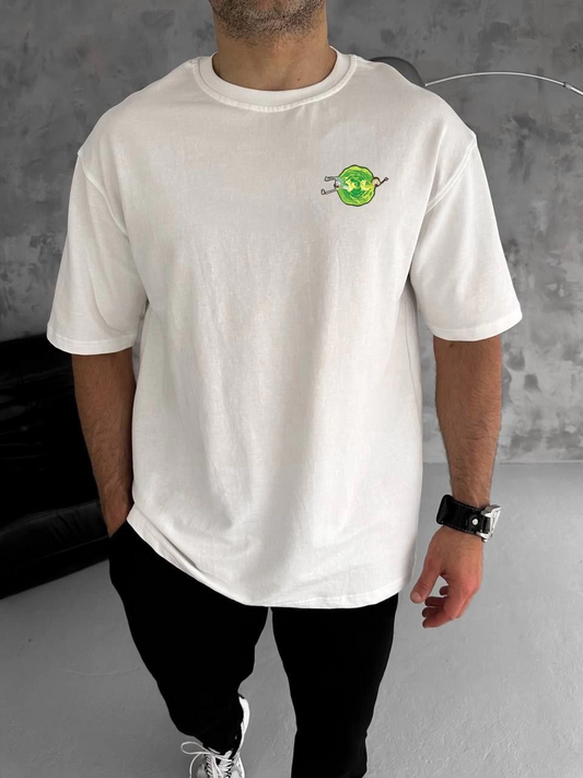ASSEMA Erkek Bisiklet Yaka Baskılı Oversize T-Shirt - Beyaz