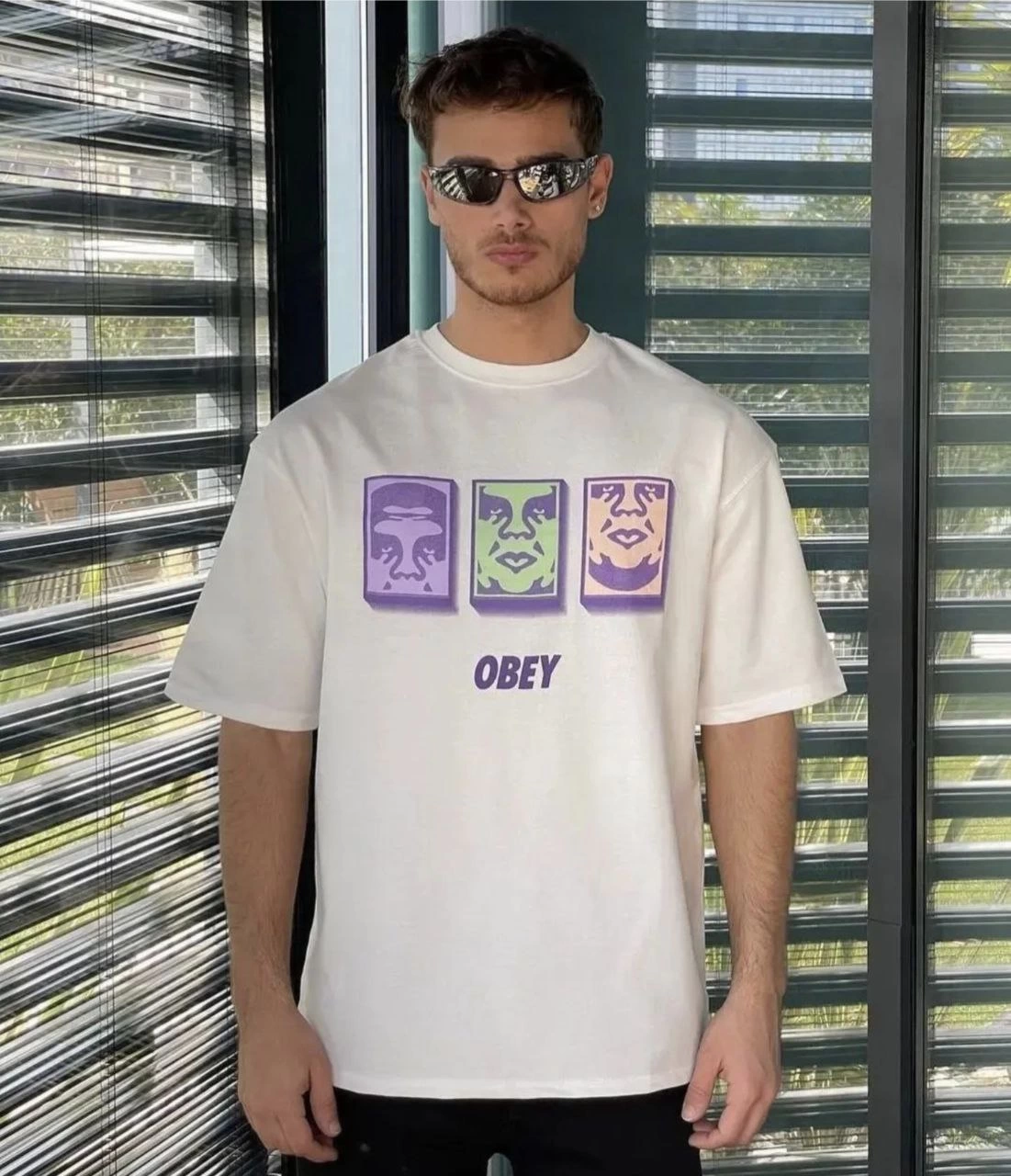 ASSEMA Erkek Bisiklet Yaka Baskılı Oversize  Kısa kol T-Shirt - Beyaz