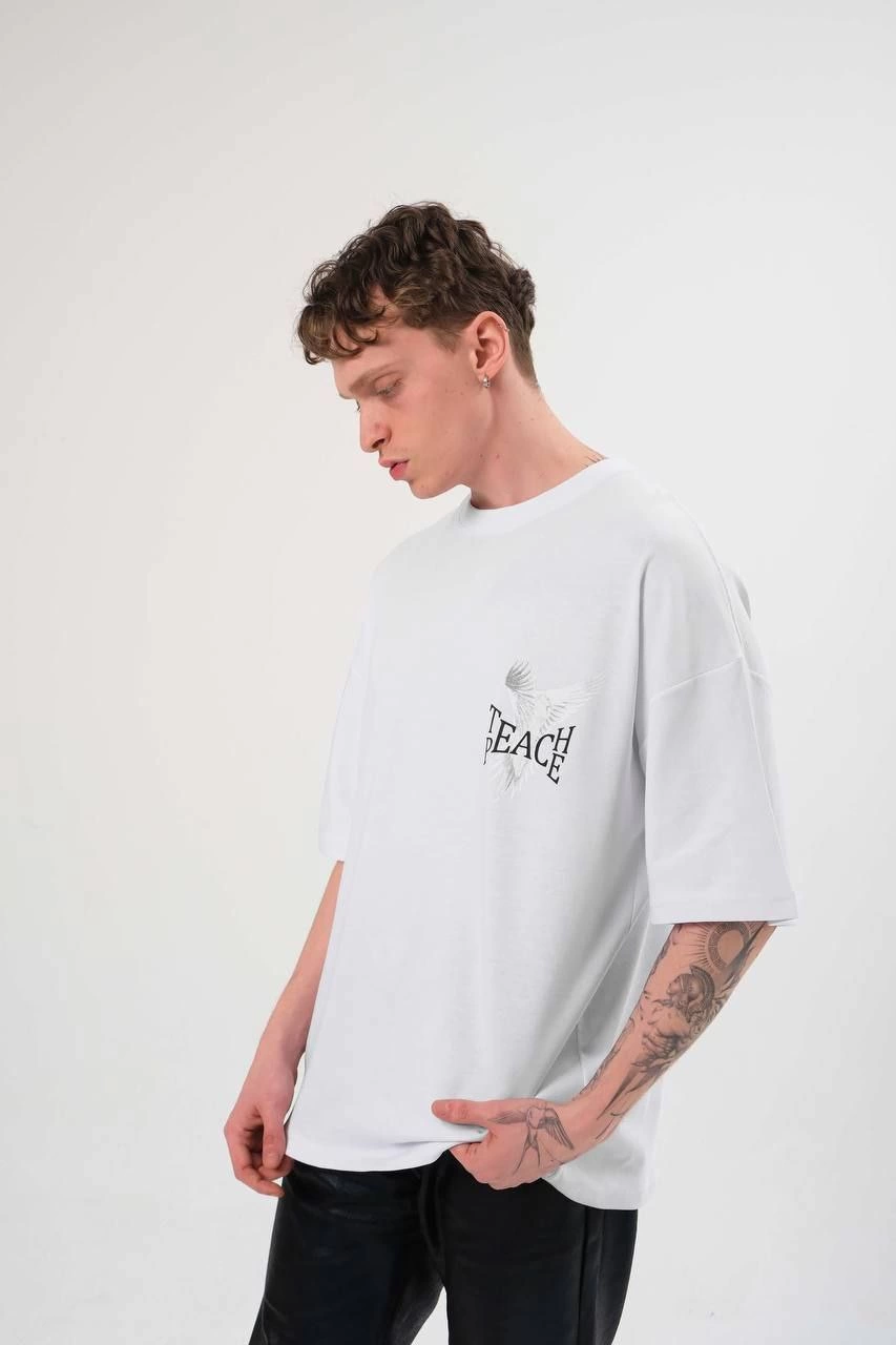 ASSEMA Erkek Bisiklet Yaka Baskılı Oversize Kısa kol   T-Shirt - Beyaz