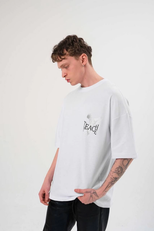 ASSEMA Erkek Bisiklet Yaka Baskılı Oversize Kısa kol   T-Shirt - Beyaz