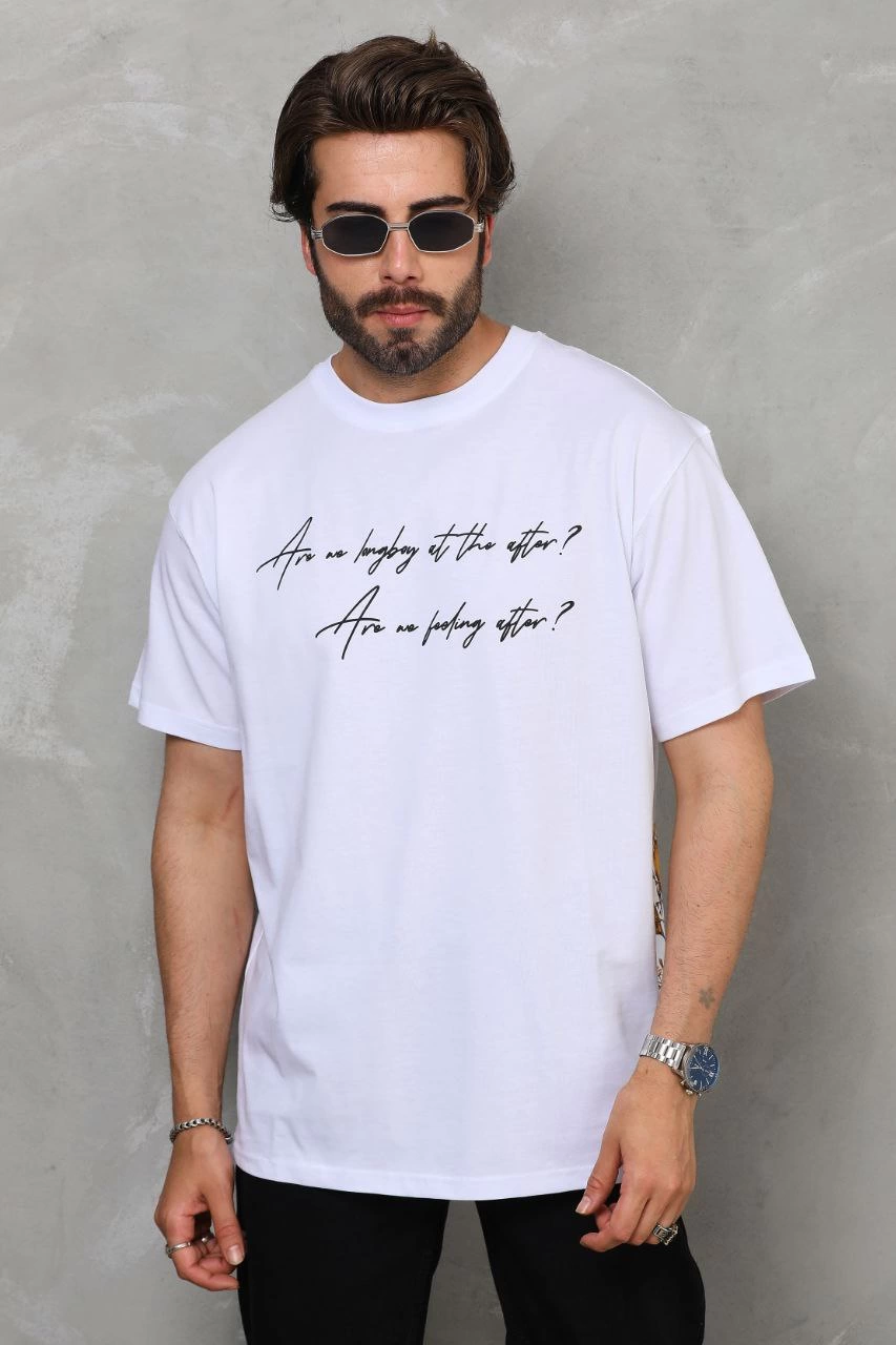 ASSEMA Erkek  Bisiklet Yaka Baskılı Oversize T-Shirt - Beyaz