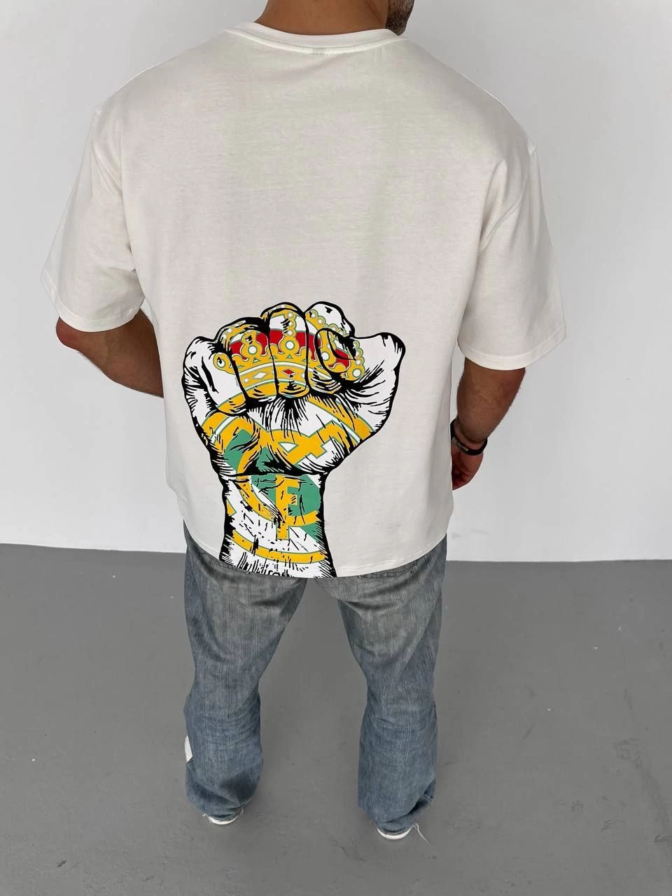 ASSEMA Erkek  Bisiklet Yaka Baskılı Oversize T-Shirt - Beyaz