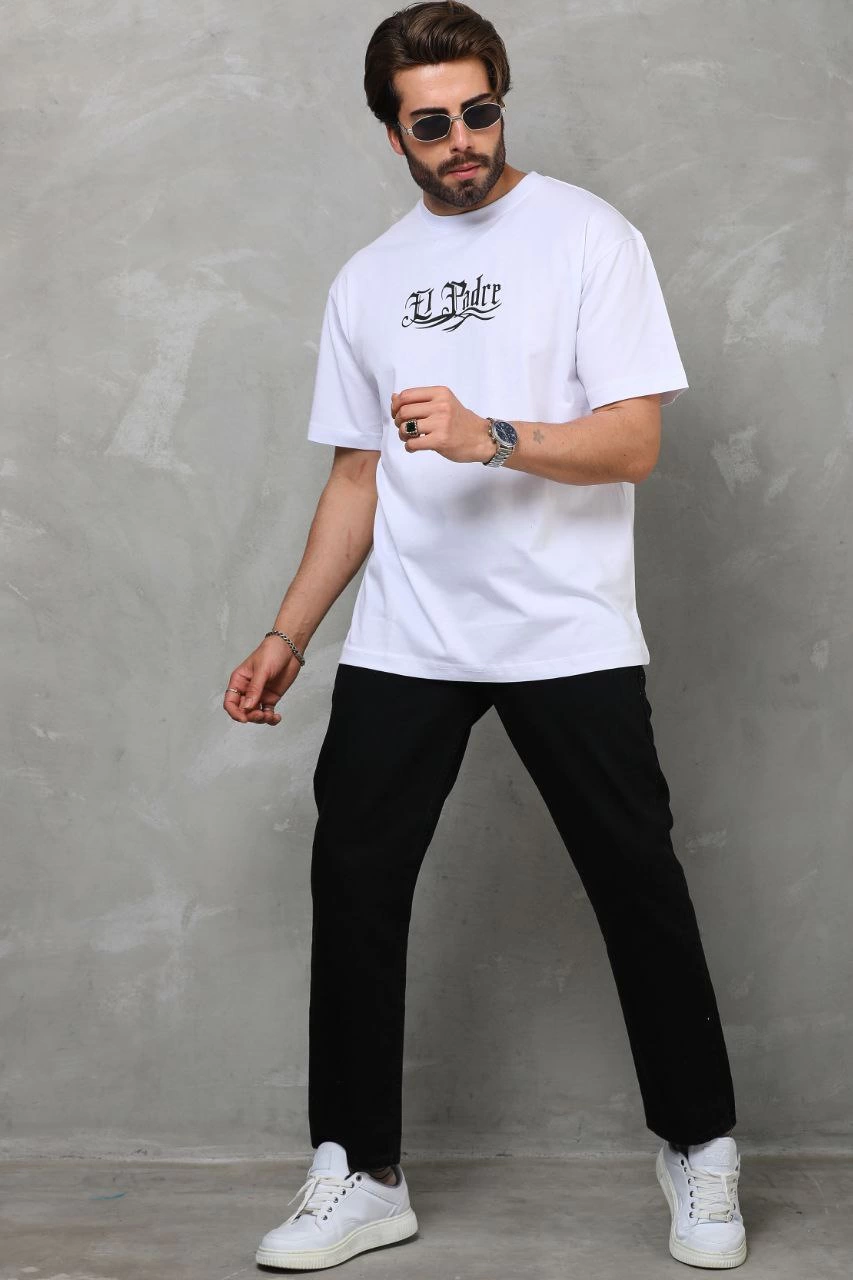 ASSEMA Erkek Bisiklet Yaka Baskılı Oversize T-Shirt - Beyaz