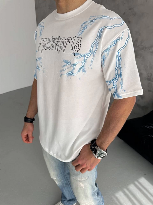 ASSEMA Erkek Yıldırım Şimşek Baskılı T-Shirt Kısa Kol Bisiklet Yaka Tişört - Beyaz