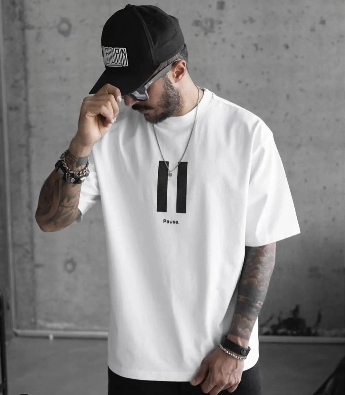 ASSEMA ERKEK Bisiklet Yaka Baskılı Oversize T-Shirt - Beyaz