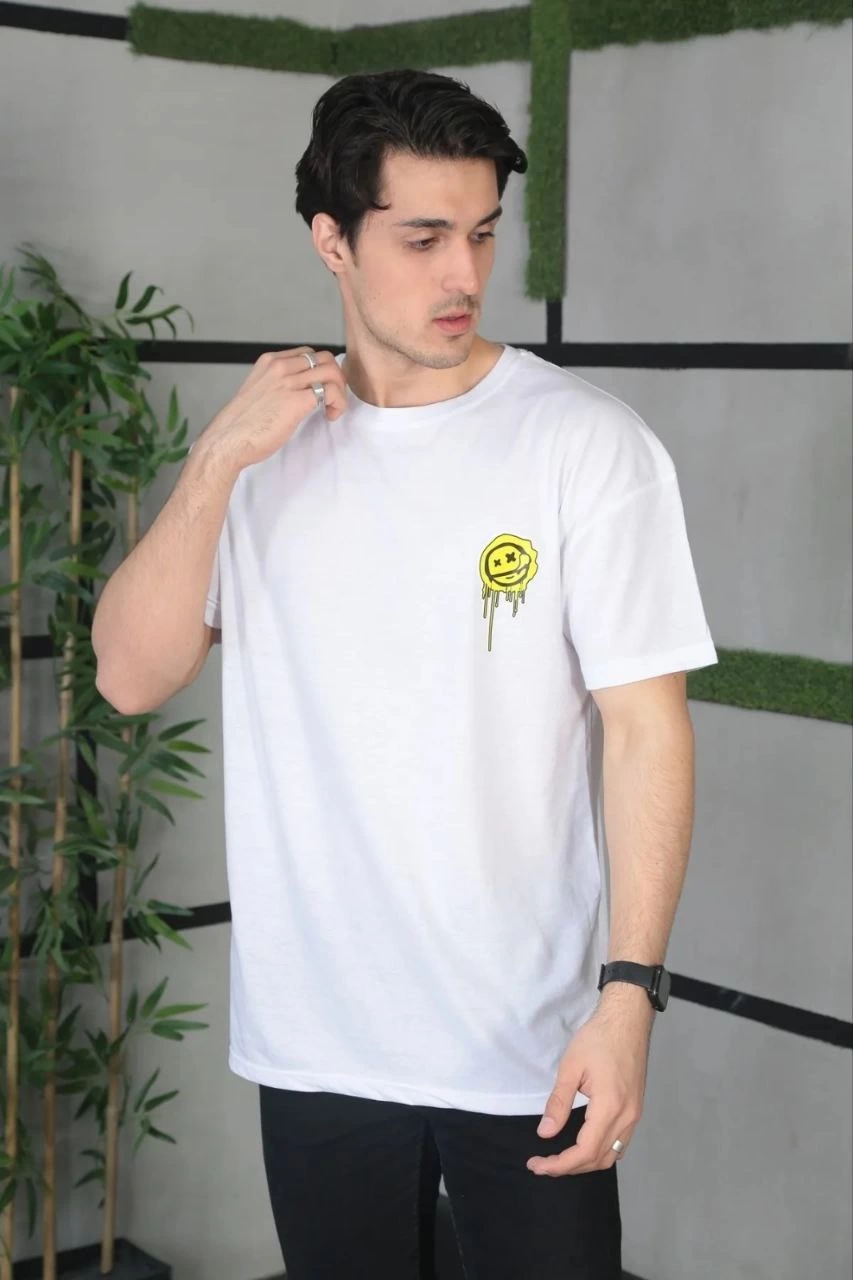 ASSEMA ERKEK Bisiklet Yaka Baskılı Oversize Kısa kol  T-Shirt - Beyaz